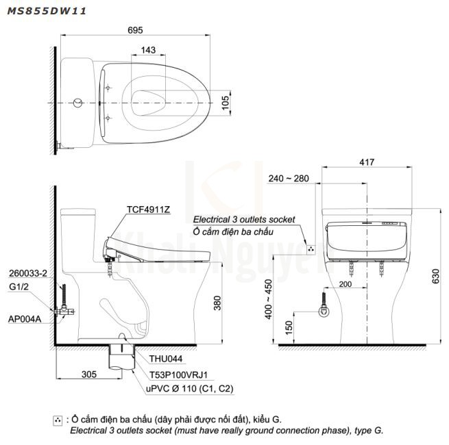 Bản Vẽ Bồn Cầu Điện Tử TOTO MS855DW11 Nắp Tự Động Đóng Mở