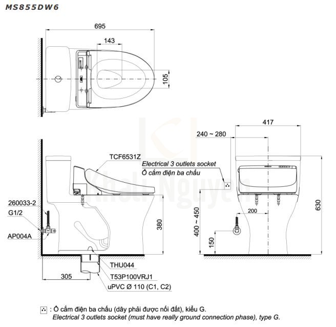 Bản Vẽ Bồn Cầu Điện Tử TOTO MS855DW6 Nắp Rửa Washlet