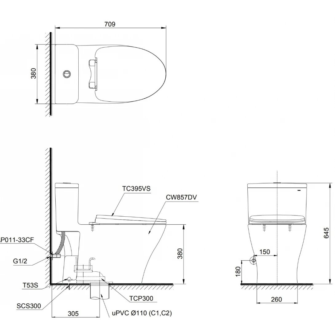 Bản vẽ bồn cầu một khối TOTO MS857DT10 nắp TC395VS