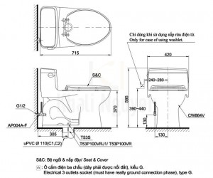 Bản Vẽ Bồn Cầu TOTO MS864T3 1 Khối Xả Gạt Nắp TC385VS