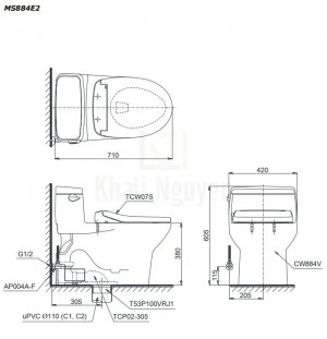 Bản Vẽ Bàn Cầu TOTO MS884E2 Một Khối Nắp Cơ