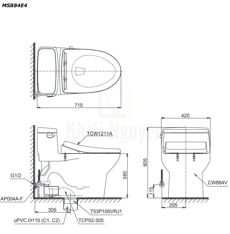 Bản Vẽ Bàn Cầu TOTO MS884E4 Một Khối Nắp Cơ