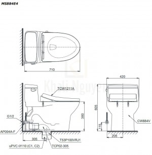 Bản Vẽ Bàn Cầu TOTO MS884E4 Một Khối Nắp Cơ