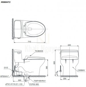 Bản Vẽ Bàn Cầu TOTO MS884T2 Một Khối Nắp TC393VS