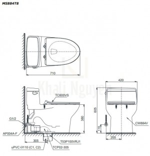 Bản Vẽ Bồn Cầu TOTO MS884T8 Một Khối Nắp TC600VS