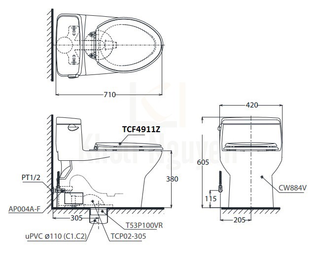 Bản Vẽ Bồn Cầu Điện Tử TOTO MS884W11 Nắp Tự Động Đóng Mở