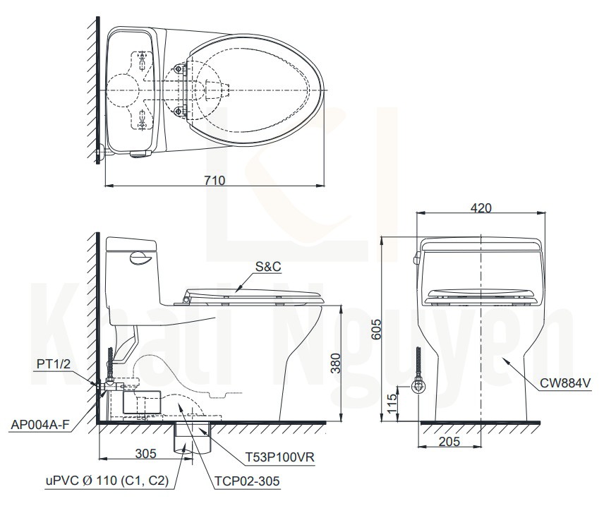 Bản Vẽ Bồn Cầu Điện Tử TOTO MS884W6 Nắp Rửa Washlet