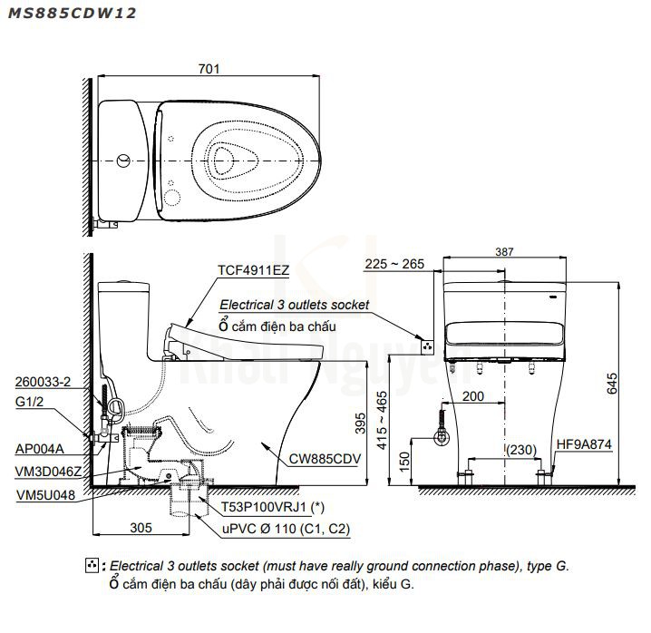 Bản Vẽ Bồn Cầu Điện Tử TOTO MS885CDW12 Nắp Tự Động Đóng Mở