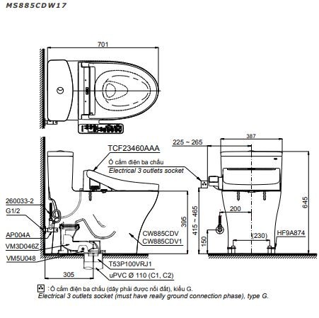 Bản Vẽ Bồn Cầu Điện Tử TOTO MS885CDW17