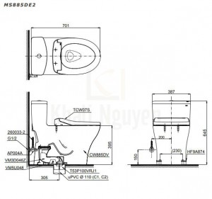 Bản Vẽ Bồn Cầu TOTO MS885DE2 Nắp Cơ Ecowasher