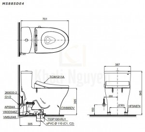 Bản Vẽ Bồn Cầu TOTO MS885DE4 Một Khối Nắp Cơ