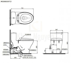 Bản Vẽ Bồn Cầu TOTO MS885DT2 Một Khối Nắp Đóng Êm TC393VS