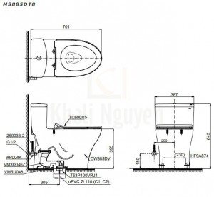 Bản Vẽ Bồn Cầu TOTO MS885DT8 Một Khối Nắp Đóng Êm TC600VS