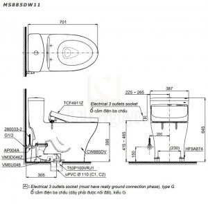 Bản Vẽ  Bồn Cầu Điện Tử TOTO MS885DW11 Nắp Tự Động Đóng Mở
