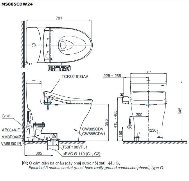 Bản vẽ bồn cầu điện tử TOTO MS885DW25