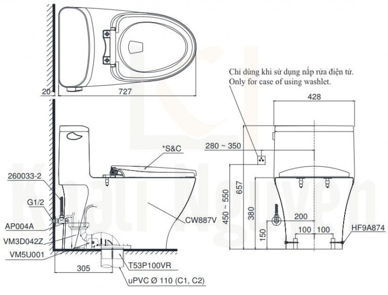 Bản Vẽ Bồn Cầu TOTO MS887RE4 Một Khối Nắp Cơ