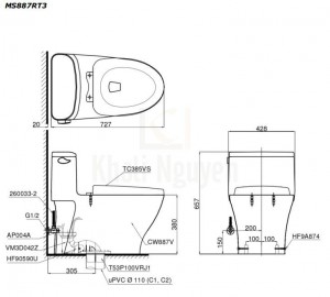 Bản Vẽ Bồn Cầu TOTO MS887RT3 Một Khối Nắp TC385VS