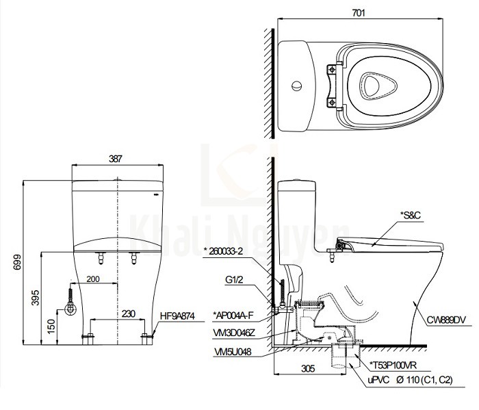 Bản Vẽ Bồn Cầu TOTO MS889DRE4 Một Khối Nắp Cơ