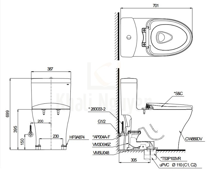 Bản Vẽ Bồn Cầu Điện Tử TOTO MS889DW4 (MS889DRW4) Nắp Tự Động Đóng Mở