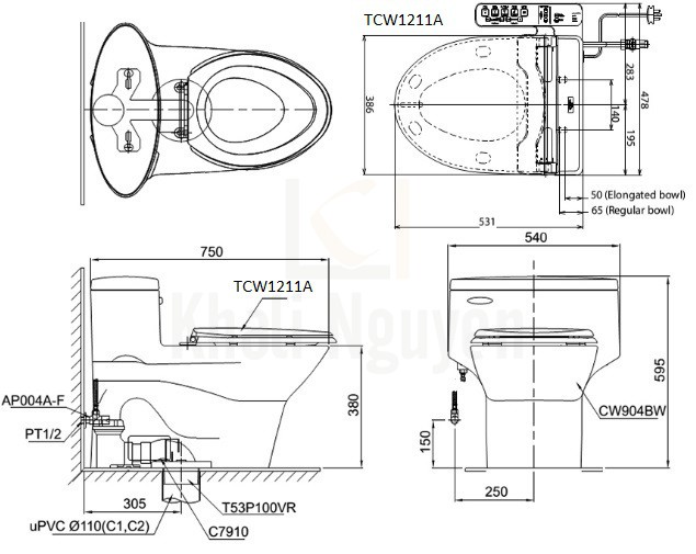 Bản Vẽ Bồn Cầu TOTO MS904E4 Một Khối Nắp Cơ