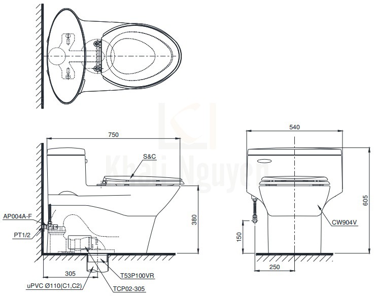 Bản Vẽ Bồn Cầu Một Khối TOTO MS904T2 Nắp Êm TC393VS