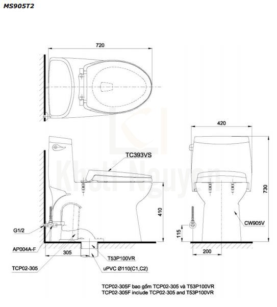 Bản vẽ Bồn Cầu Một Khối TOTO MS905T2 Nắp TC393VS