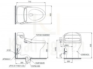 Bản Vẽ Bồn Cầu Một Khối TOTO MS914CRW12 Nắp WASHLET