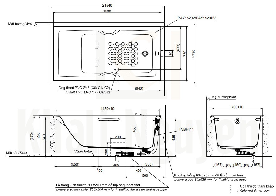 Bản Vẽ Bồn Tắm TOTO PAY1520HV#W/TVBF411