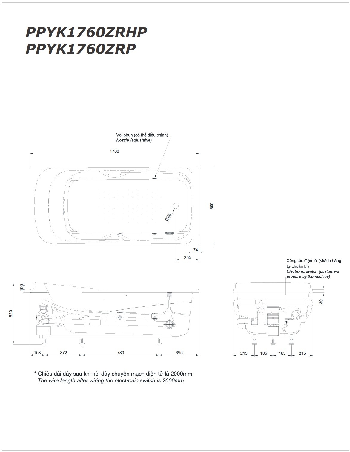 Bản vẽ bồn tắm massage TOTO PPYK1760ZRHPNE/DB505R-2B