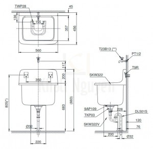 Bản Vẽ Chậu Đa Năng TOTO SK322/SK322F Treo Tường