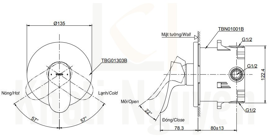 Bản Vẽ Van Điều Chỉnh Nóng Lạnh TOTO TBG01303B/TBN01001B