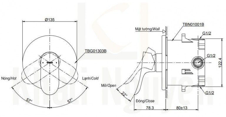 Bản Vẽ Van Điều Chỉnh Nóng Lạnh TOTO TBG01303B/TBN01001B