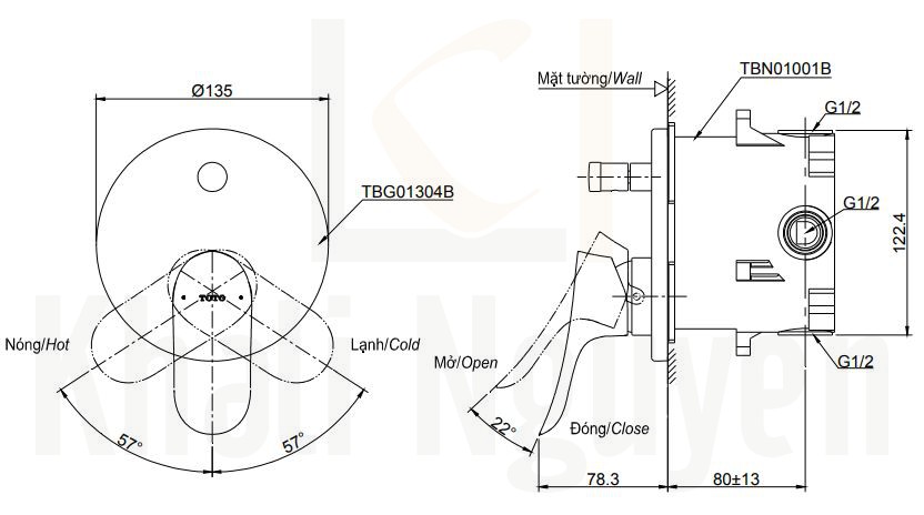 Bản Vẽ Van Điều Chỉnh Nóng Lạnh TOTO TBG01304B/TBN01001B