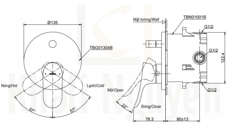 Bản Vẽ Van Điều Chỉnh Nóng Lạnh TOTO TBG01304B/TBN01001B