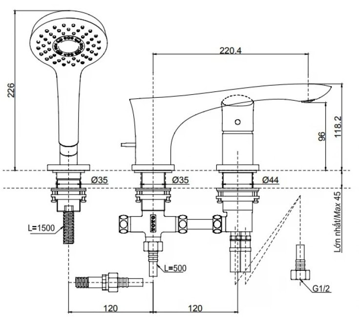 Bản vẽ vòi xả bồn tắm TOTO 3 lỗ TBG01305BC#MBL