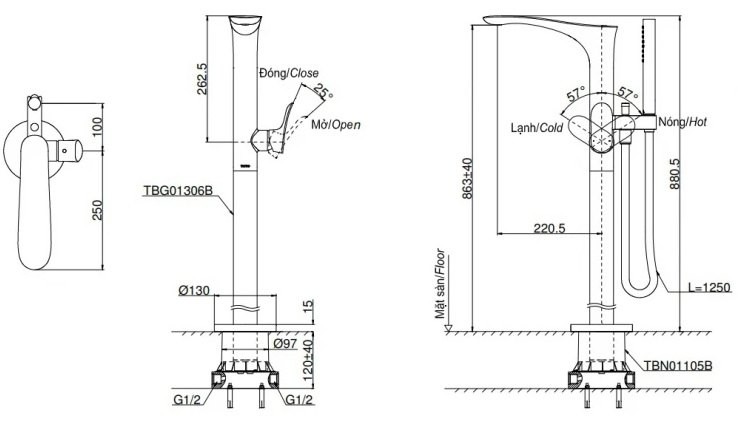 Bản vẽ vòi xả bồn tắm TOTO đặt sàn TBG01306BA#MBL