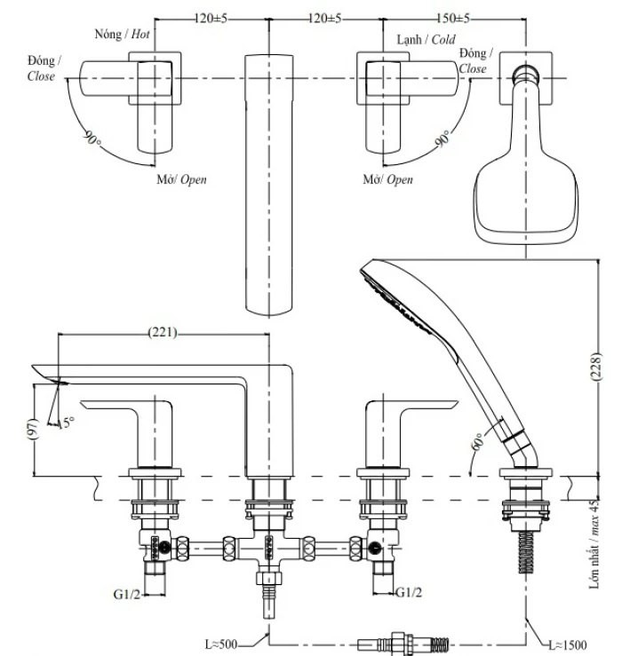 Bản vẽ vòi xả bồn tắm TOTO 4 lỗ TBG02202A#MBL