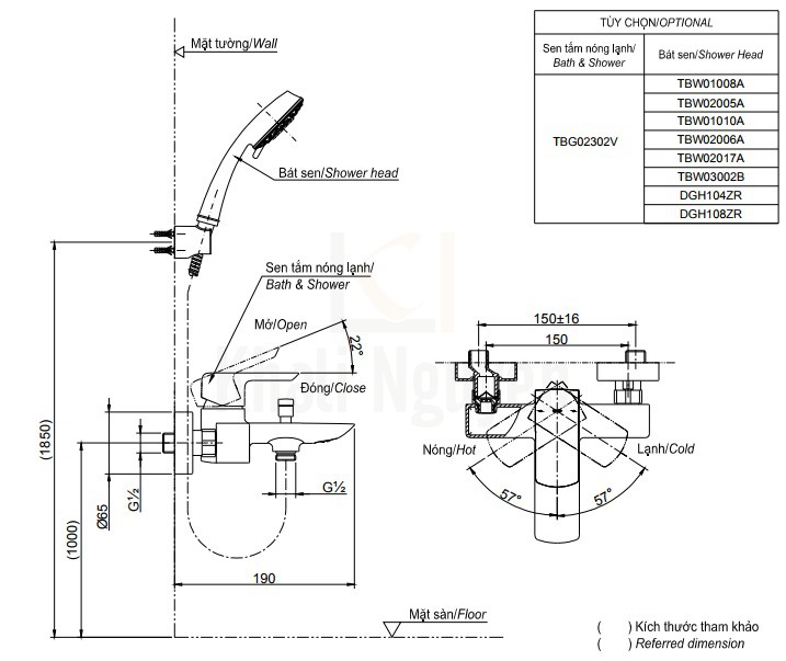 Bản Vẽ Sen Tắm TOTO TBG02302V/TBW01010A Nóng Lạnh