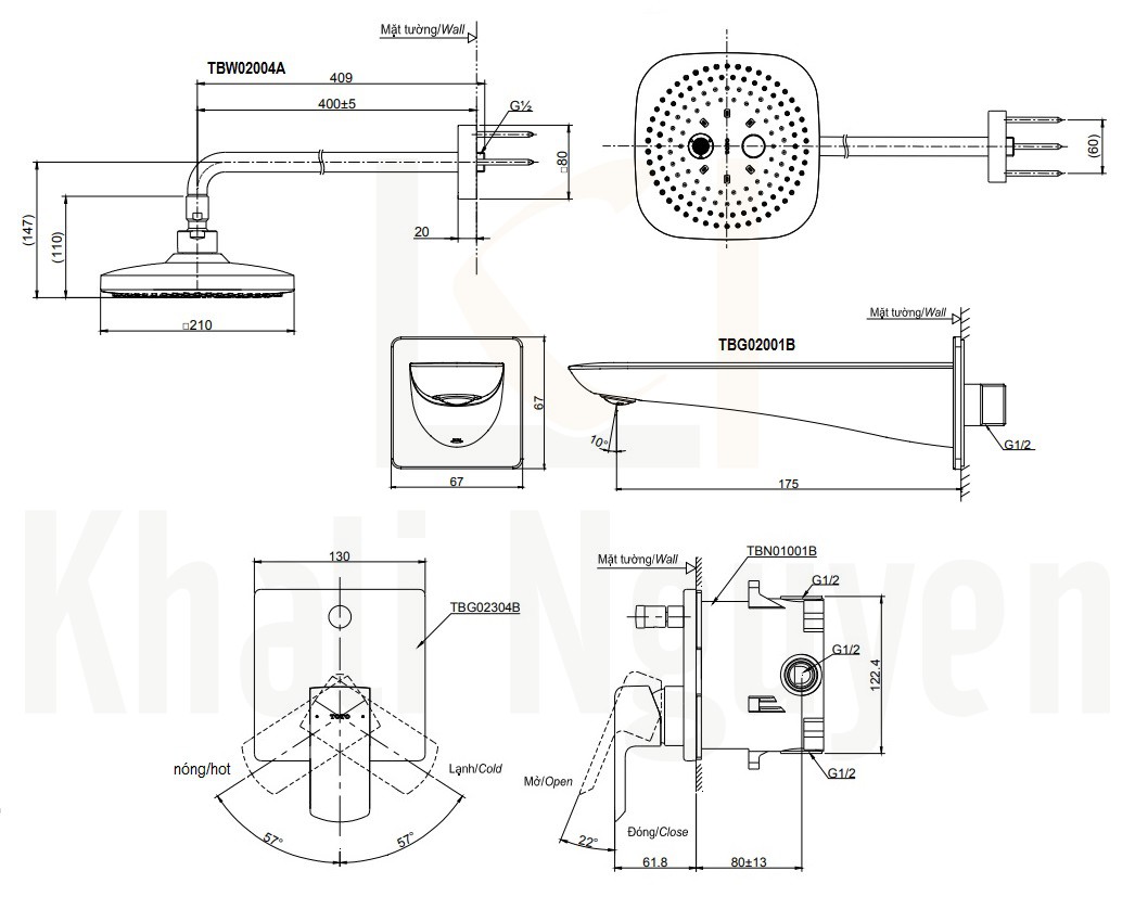 Bản vẽ Sen Tắm TOTO TBG02304B/TBW02004A/TBG02001B Âm Tường Xả Bồn