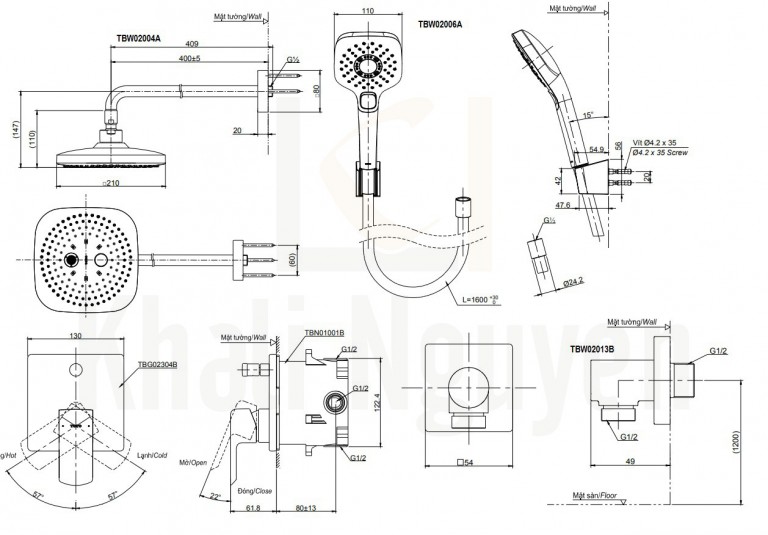 Bản Vẽ Sen Tắm TOTO TBG02304B/TBW02004A/TBW02006A Âm Tường