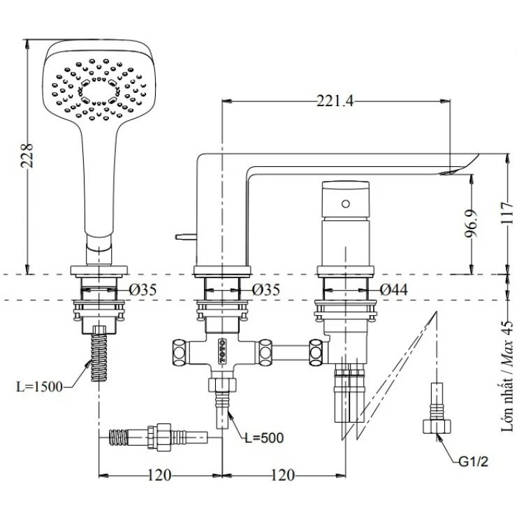 Bản vẽ vòi xả bồn tắm TOTO 3 lỗ TBG02305AA#MBL