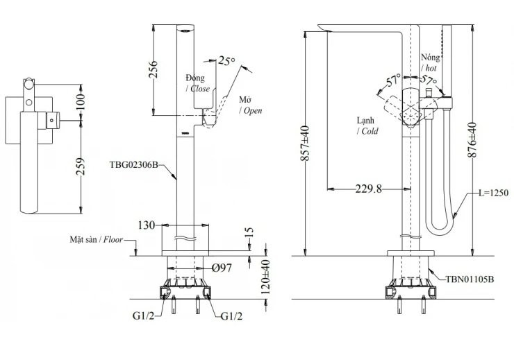 Bản vẽ vòi xả bồn tắm TOTO đặt sàn TBG02306AA#MBL