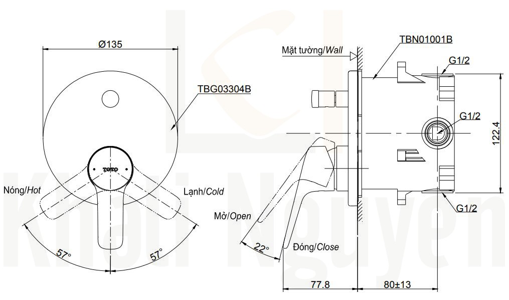 Bản Vẽ Van Điều Chỉnh Nóng Lạnh TOTO TBG03304B/TBN01001B