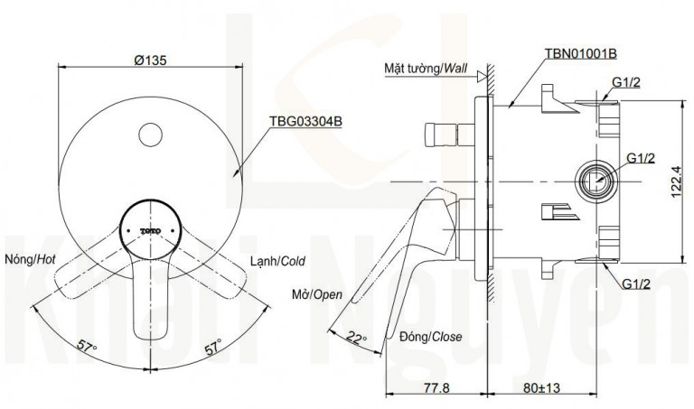 Bản Vẽ Van Điều Chỉnh Nóng Lạnh TOTO TBG03304B/TBN01001B