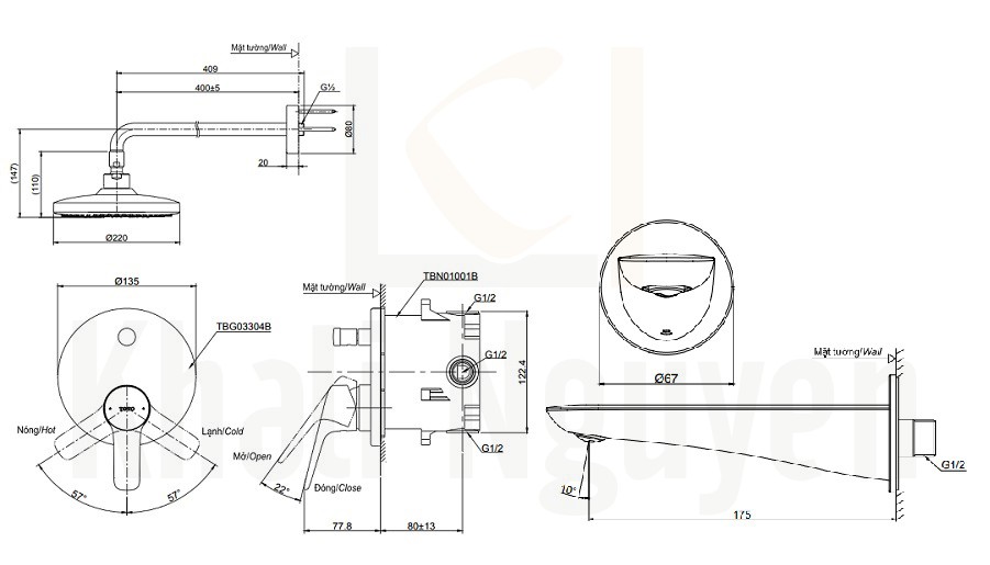 Bản Vẽ Sen Tắm TOTO TBG03304B/TBW01004A/TBG01001B Âm Tường Xả Bồn