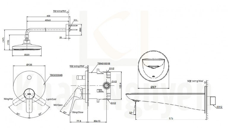 Bản Vẽ Sen Tắm TOTO TBG03304B/TBW01004A/TBG01001B Âm Tường Xả Bồn