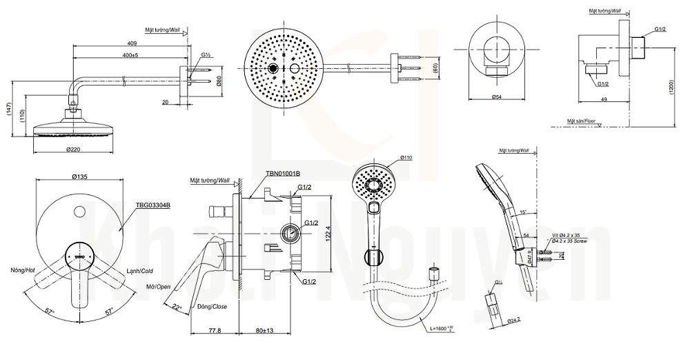 Bản Vẽ Sen Tắm TOTO TBG03304B/TBW01004A/TBW01010A Âm Tường