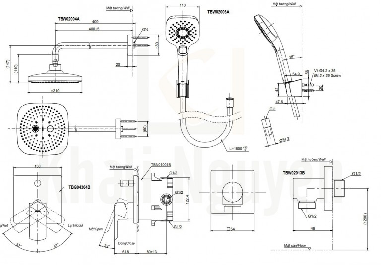 Bản vẽ Sen Tắm TOTO TBG04304B/TBW02004A/TBW02006A Âm Tường