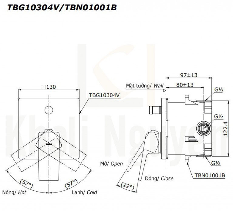 Bản Vẽ Van Điều Chỉnh Nóng Lạnh TOTO TBG10304V/TBN01001B 2 Đường Nước