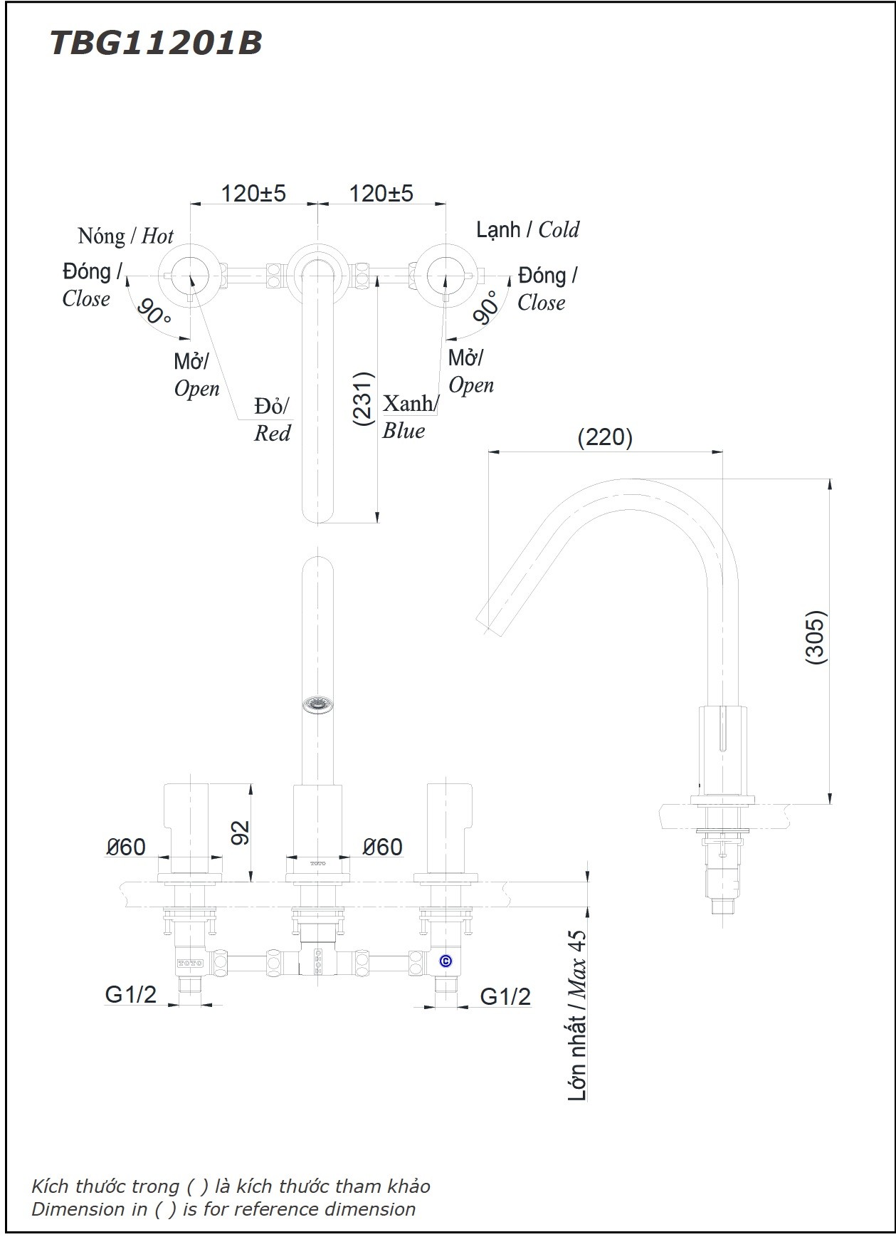 Bản vẽ vòi xả bồn tắm TOTO 3 lỗ  TBG11201B